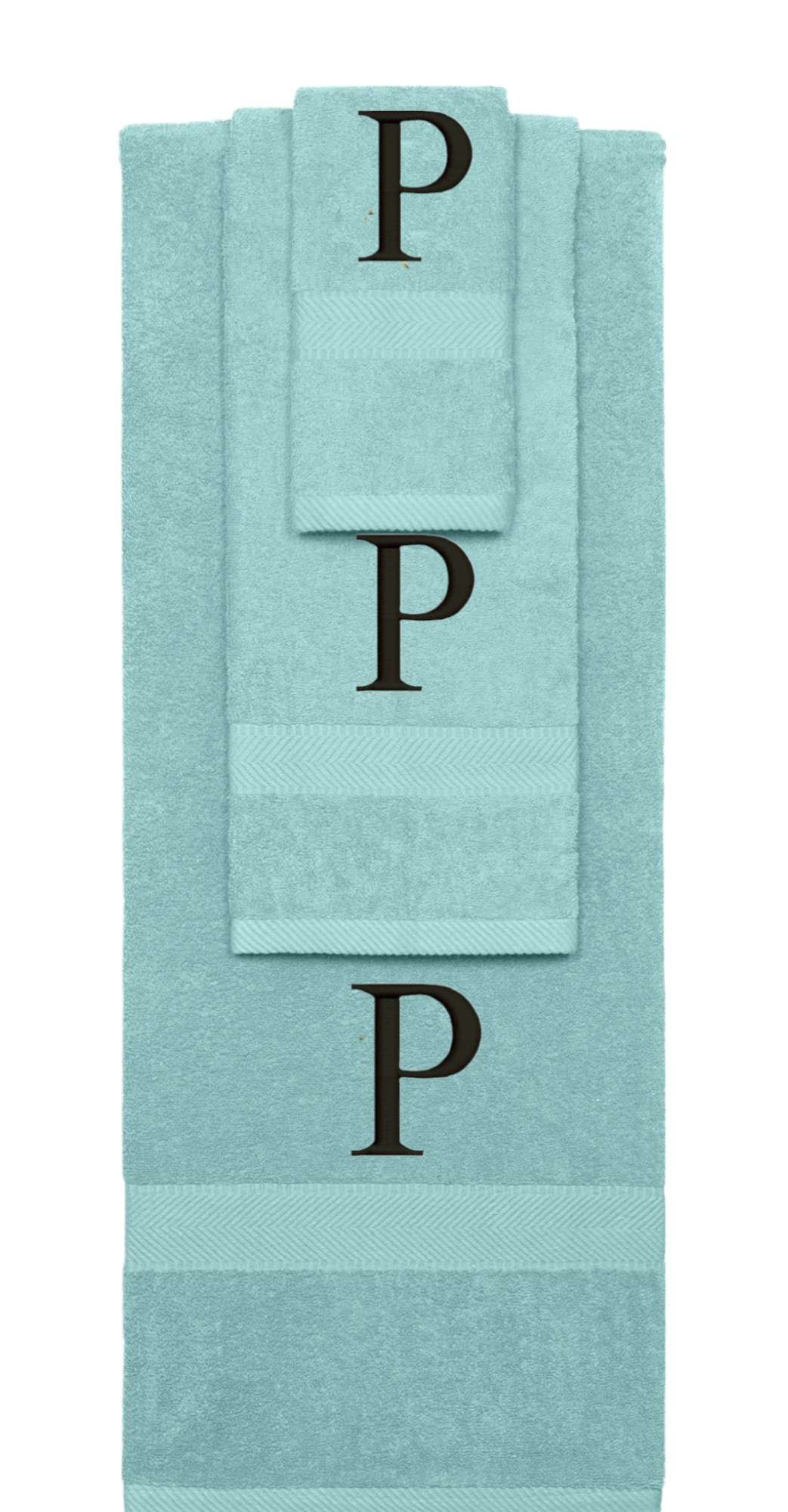 Nautical Teal monogrammed towel set with Black thread, Times New Roman font, initial P - 540 GSM cotton 3-piece