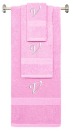 Pink monogrammed towel set with White thread, Chancery font, initial V - 540 GSM cotton 3-piece