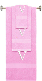 Purple monogrammed towel set with Black thread, Times New Roman font, initial V - 540 GSM cotton 3-piece