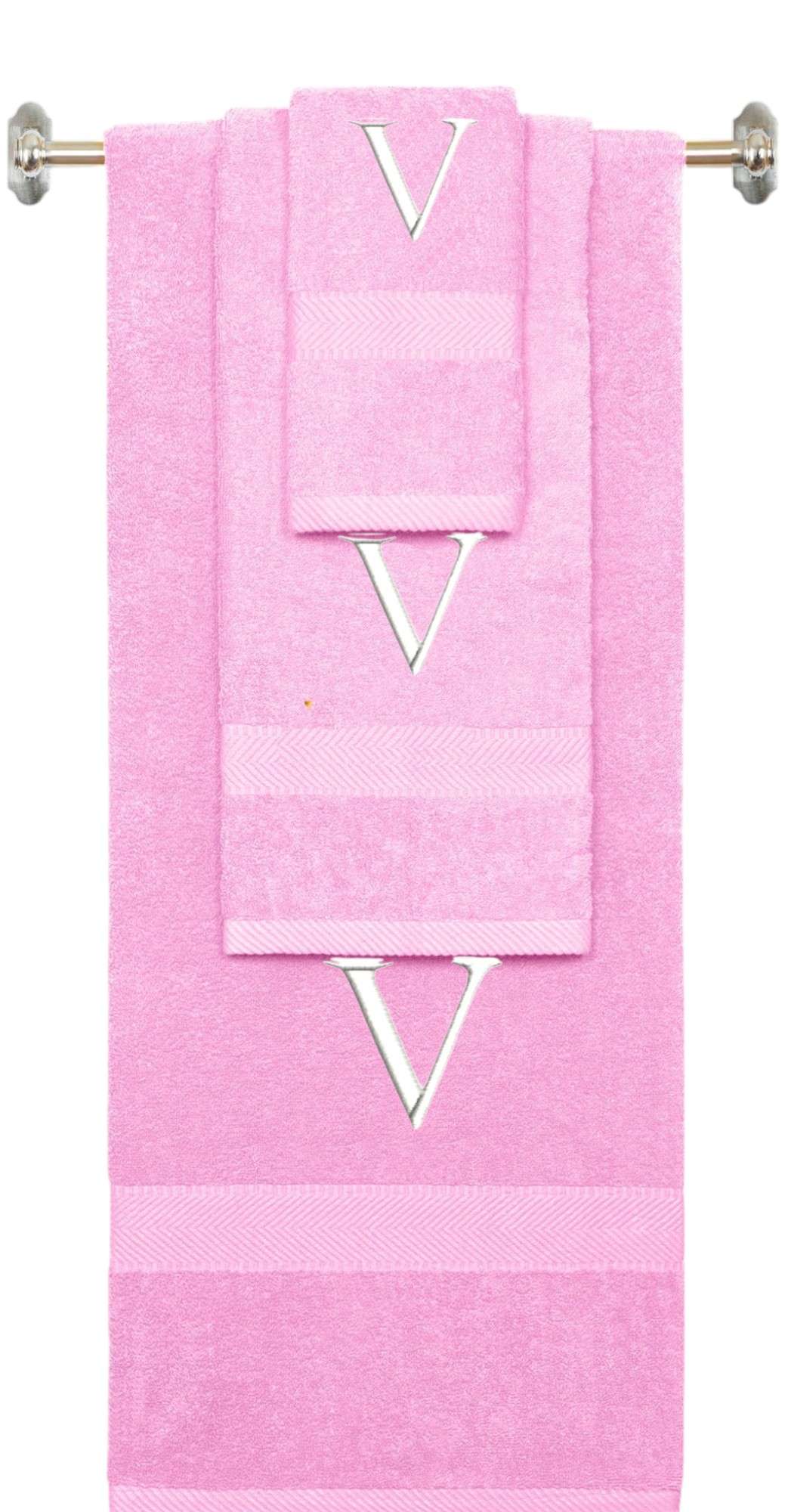 Purple monogrammed towel set with Black thread, Times New Roman font, initial V - 540 GSM cotton 3-piece