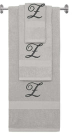 Silver monogrammed towel set with Black thread, Diana Script font, initial Z - 540 GSM cotton 3-piece