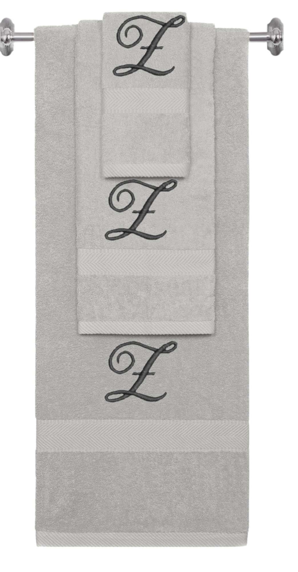 Silver monogrammed towel set with Black thread, Diana Script font, initial Z - 540 GSM cotton 3-piece