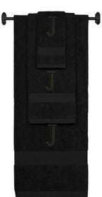 Black monogrammed towel set with Black thread, Times New Roman font, initial J - 540 GSM cotton 3-piece