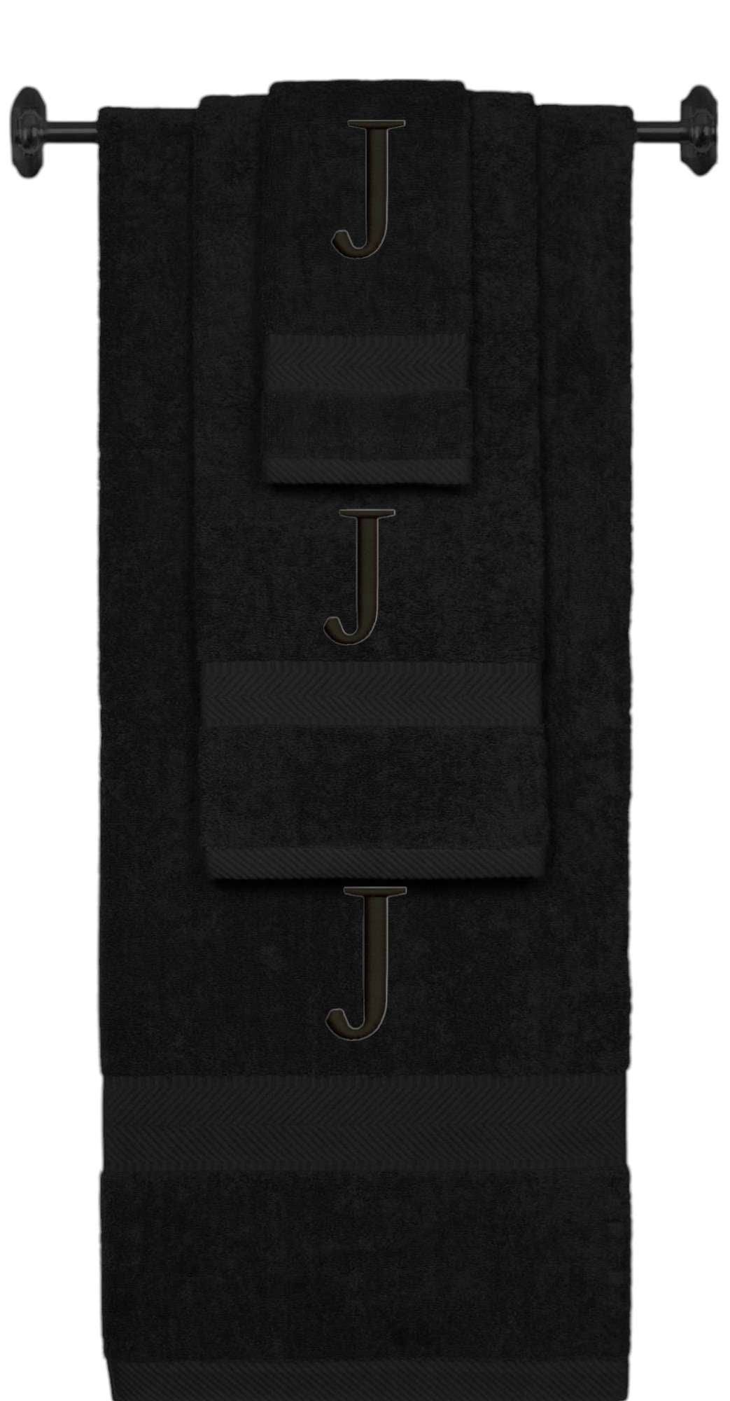 Black monogrammed towel set with Black thread, Times New Roman font, initial J - 540 GSM cotton 3-piece