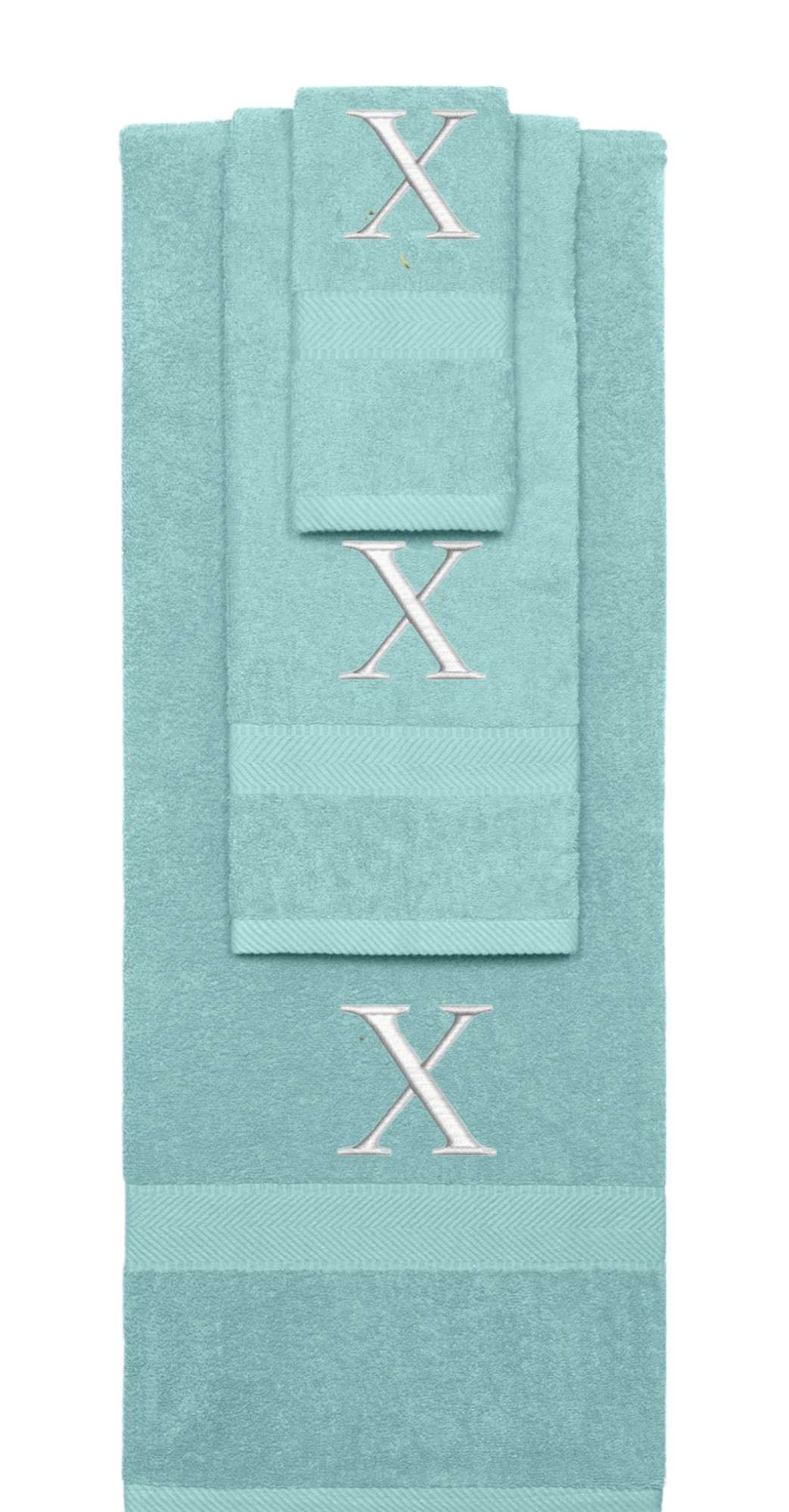 Nautical Teal monogrammed towel set with Silver thread, Times New Roman font, initial X - 540 GSM cotton 3-piece