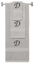 Silver monogrammed towel set with Black thread, Chancery font, initial D - 540 GSM cotton 3-piece