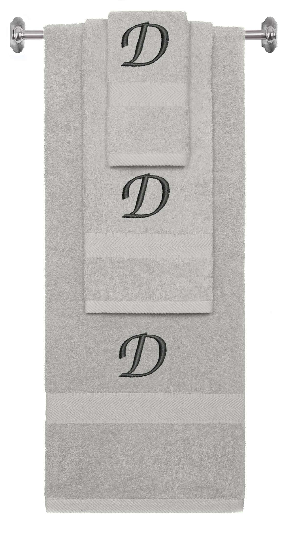 Silver monogrammed towel set with Black thread, Chancery font, initial D - 540 GSM cotton 3-piece