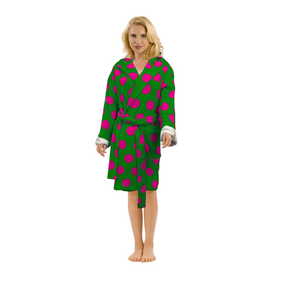 360 GSM Polka Dot Hooded Velour Robe for Women - Knee Length