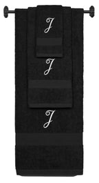 Black monogrammed towel set with Silver thread, Diana Script font, initial J - 540 GSM cotton 3-piece