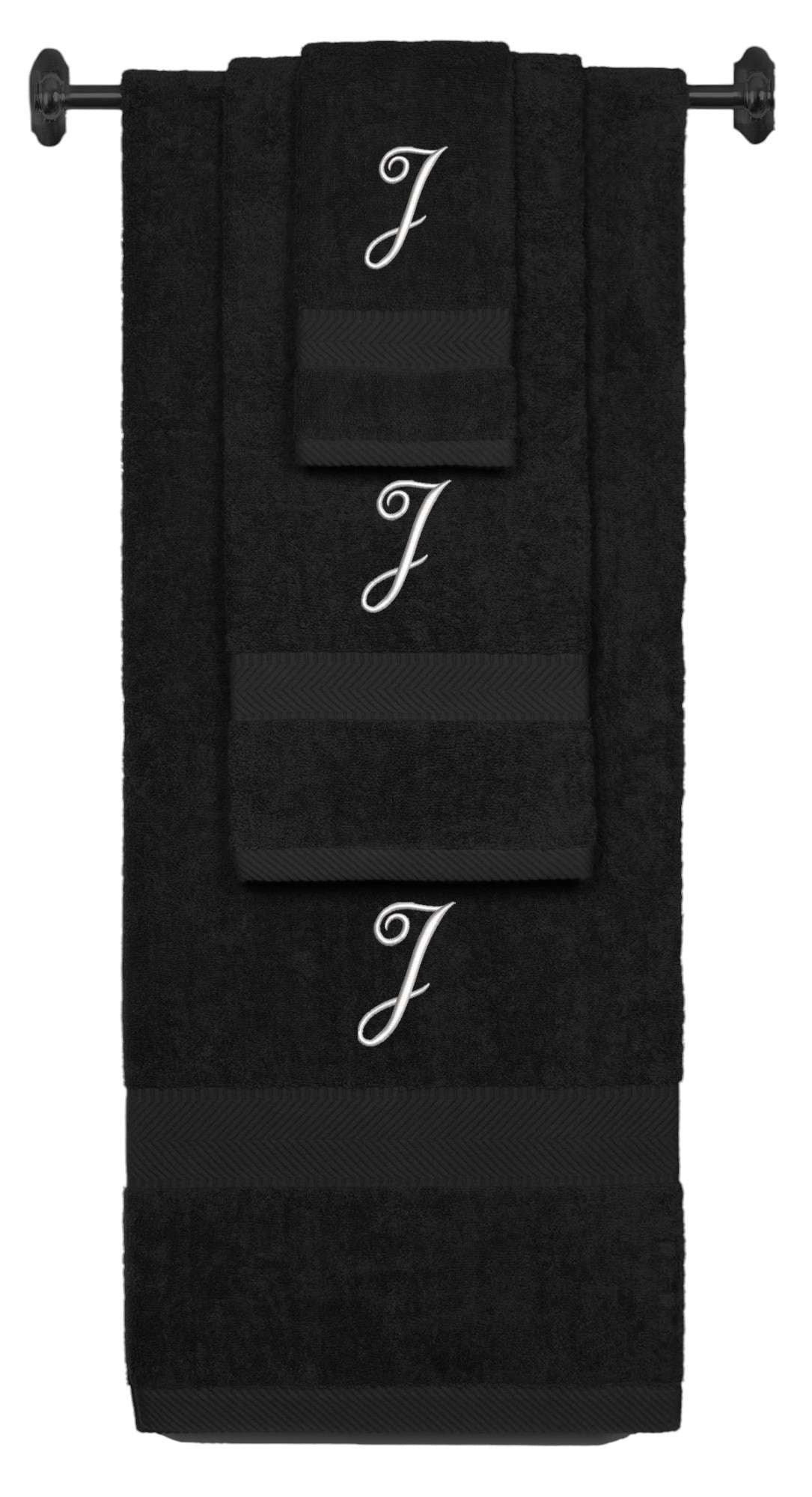 Black monogrammed towel set with Silver thread, Diana Script font, initial J - 540 GSM cotton 3-piece