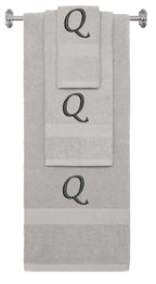 Silver monogrammed towel set with Black thread, Chancery font, initial Q - 540 GSM cotton 3-piece