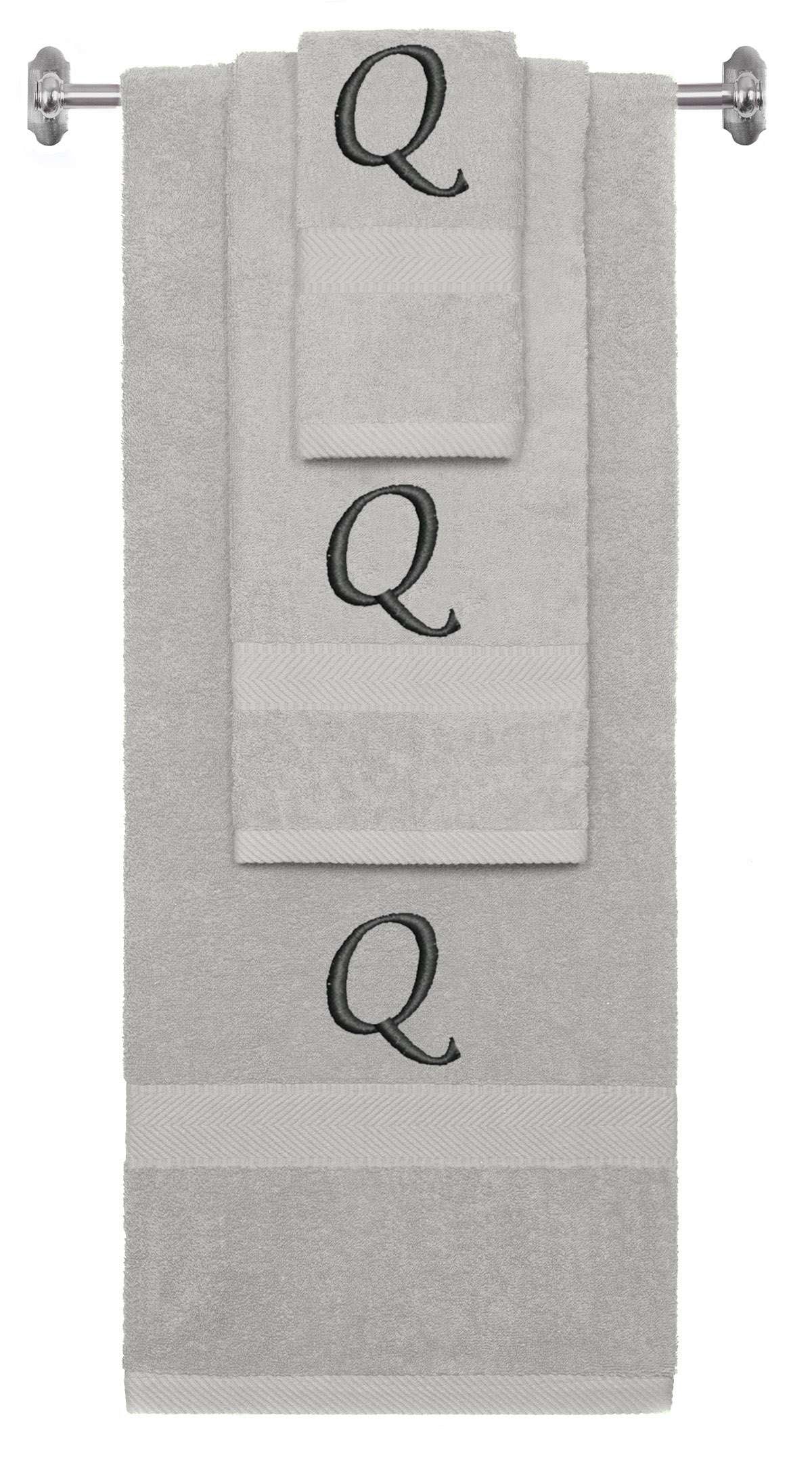 Silver monogrammed towel set with Black thread, Chancery font, initial Q - 540 GSM cotton 3-piece