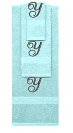 Nautical Teal monogrammed towel set with Black thread, Diana Script font, initial Y - 540 GSM cotton 3-piece