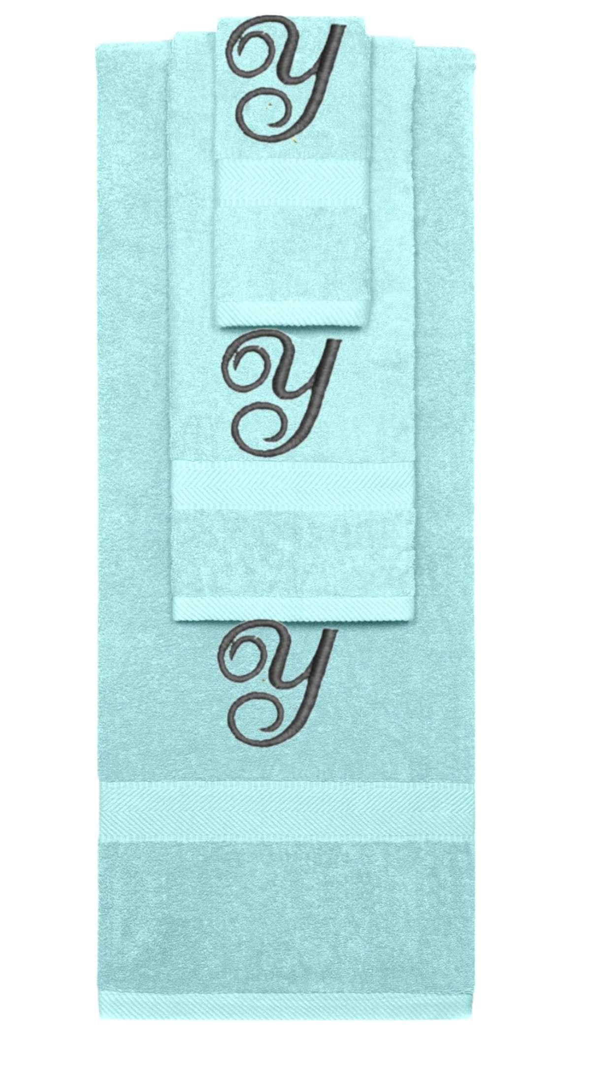 Nautical Teal monogrammed towel set with Black thread, Diana Script font, initial Y - 540 GSM cotton 3-piece