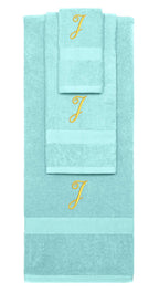 Nautical Teal monogrammed towel set with Gold thread, Diana Script font, initial J - 540 GSM cotton 3-piece