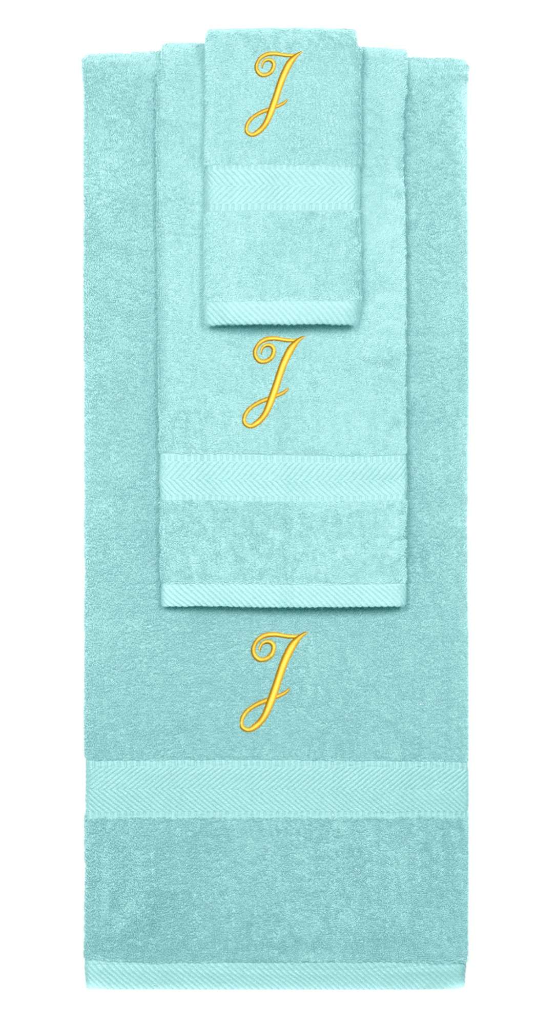 Nautical Teal monogrammed towel set with Gold thread, Diana Script font, initial J - 540 GSM cotton 3-piece