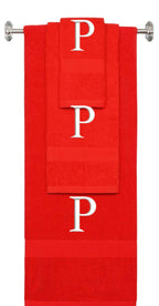 Red monogrammed towel set with White thread, Times New Roman font, initial P - 540 GSM cotton 3-piece