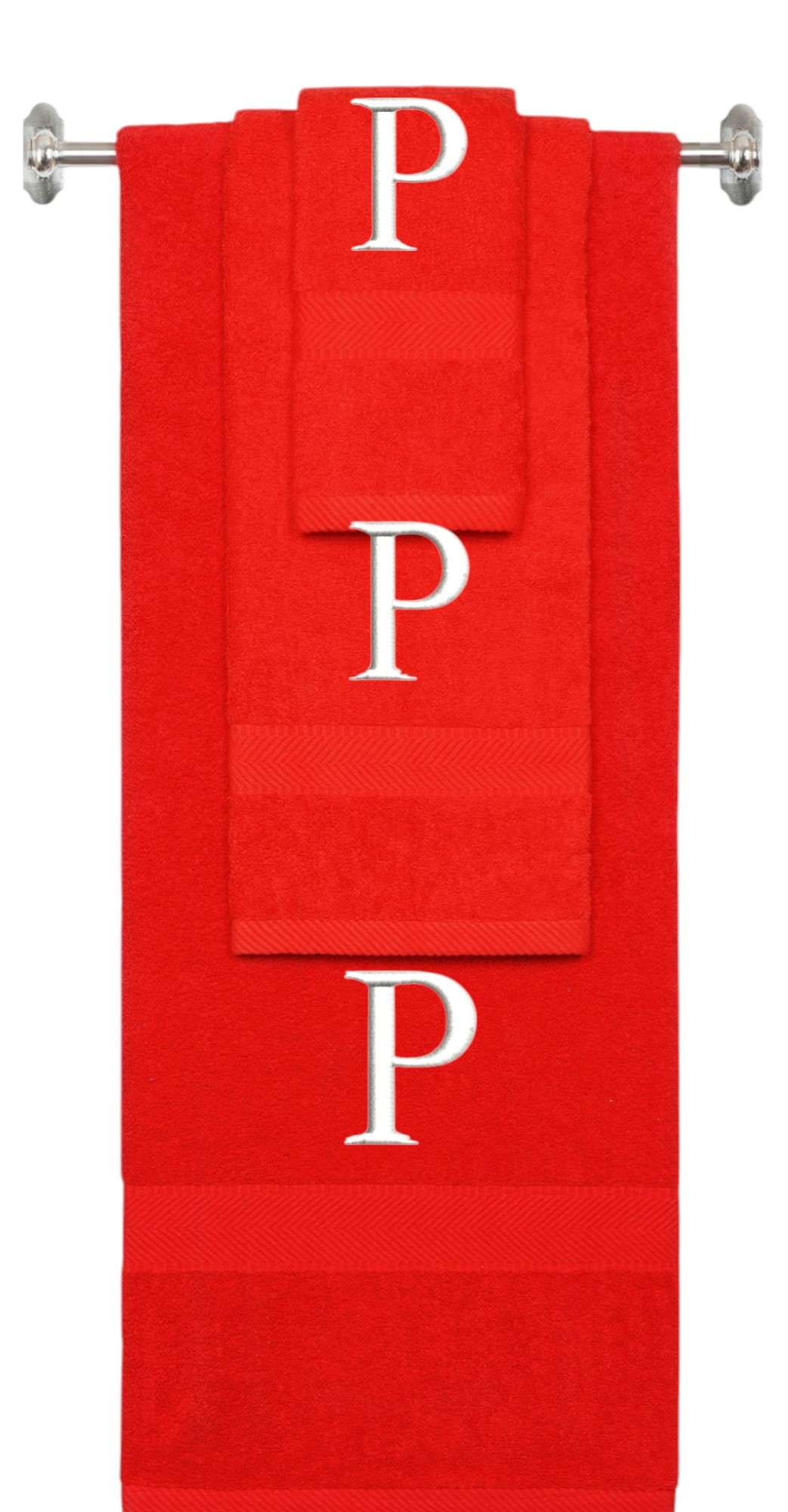 Red monogrammed towel set with White thread, Times New Roman font, initial P - 540 GSM cotton 3-piece