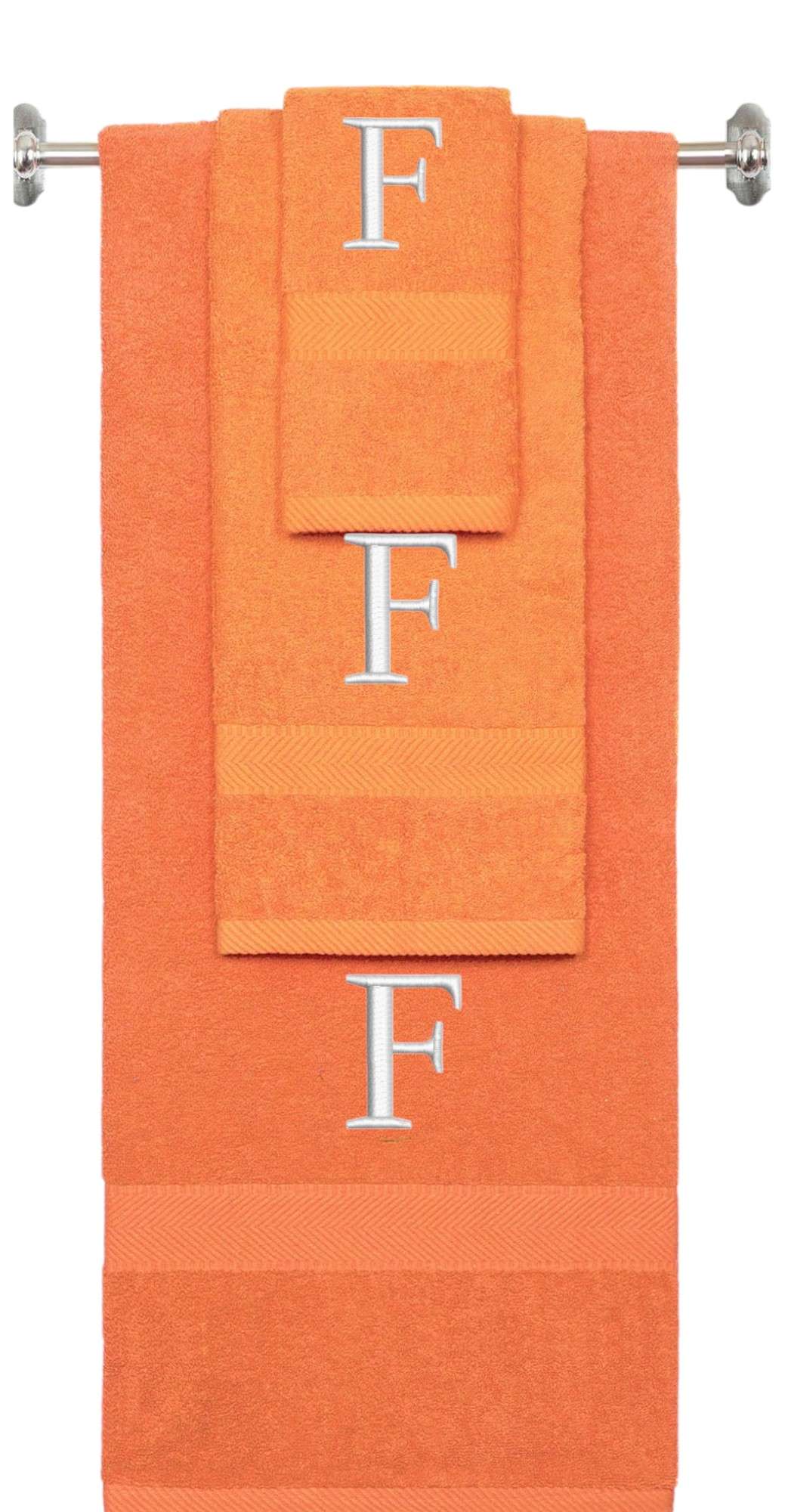 Orange monogrammed towel set with Silver thread, Times New Roman font, initial F - 540 GSM cotton 3-piece