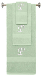 Mint Green monogrammed towel set with White thread, Chancery font, initial P - 540 GSM cotton 3-piece