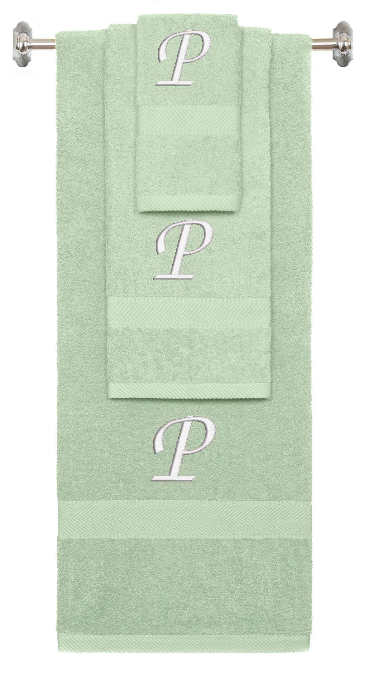 Mint Green monogrammed towel set with White thread, Chancery font, initial P - 540 GSM cotton 3-piece