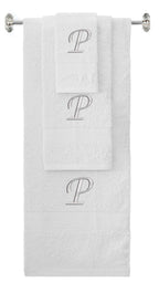 White monogrammed towel set with Silver thread, Chancery font, initial P - 540 GSM cotton 3-piece