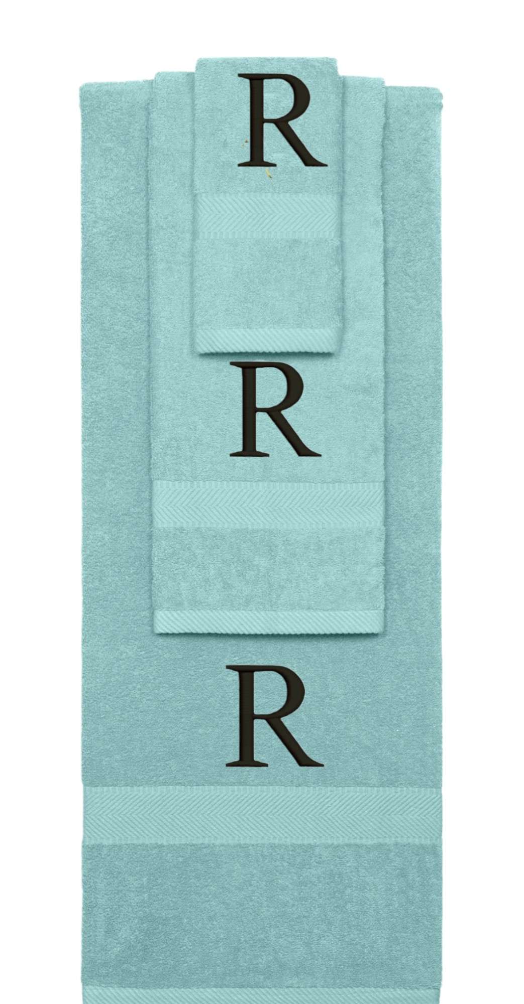 Nautical Teal monogrammed towel set with Black thread, Times New Roman font, initial R - 540 GSM cotton 3-piece