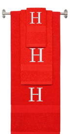 Red monogrammed towel set with Silver thread, Times New Roman font, initial H - 540 GSM cotton 3-piece