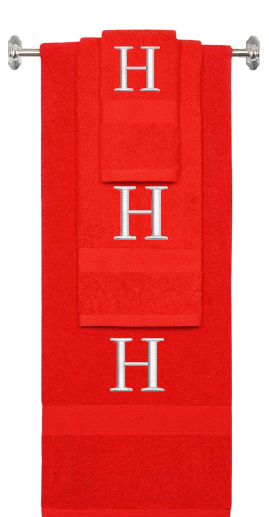 Red monogrammed towel set with Silver thread, Times New Roman font, initial H - 540 GSM cotton 3-piece