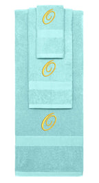 Nautical Teal monogrammed towel set with Gold thread, Diana Script font, initial O - 540 GSM cotton 3-piece