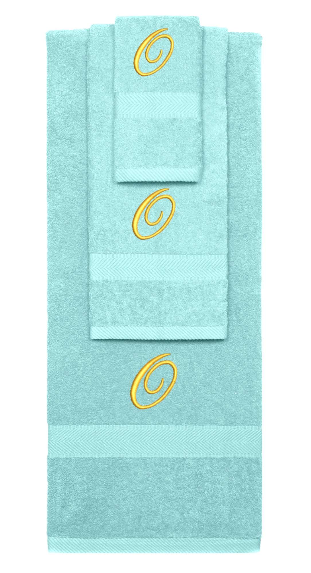 Nautical Teal monogrammed towel set with Gold thread, Diana Script font, initial O - 540 GSM cotton 3-piece