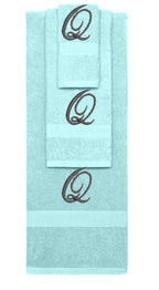 Nautical Teal monogrammed towel set with Black thread, Diana Script font, initial Q - 540 GSM cotton 3-piece