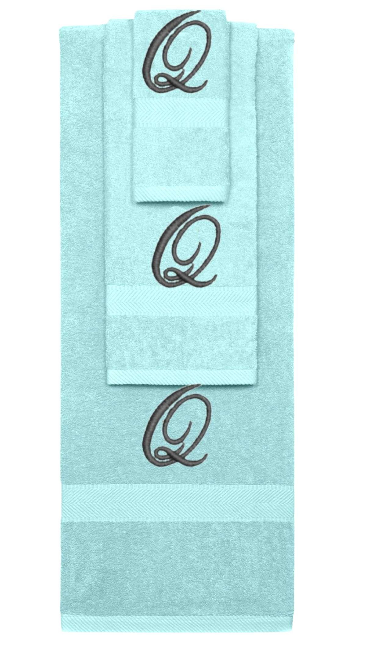 Nautical Teal monogrammed towel set with Black thread, Diana Script font, initial Q - 540 GSM cotton 3-piece