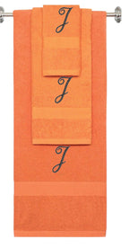 Orange monogrammed towel set with Black thread, Diana Script font, initial J - 540 GSM cotton 3-piece