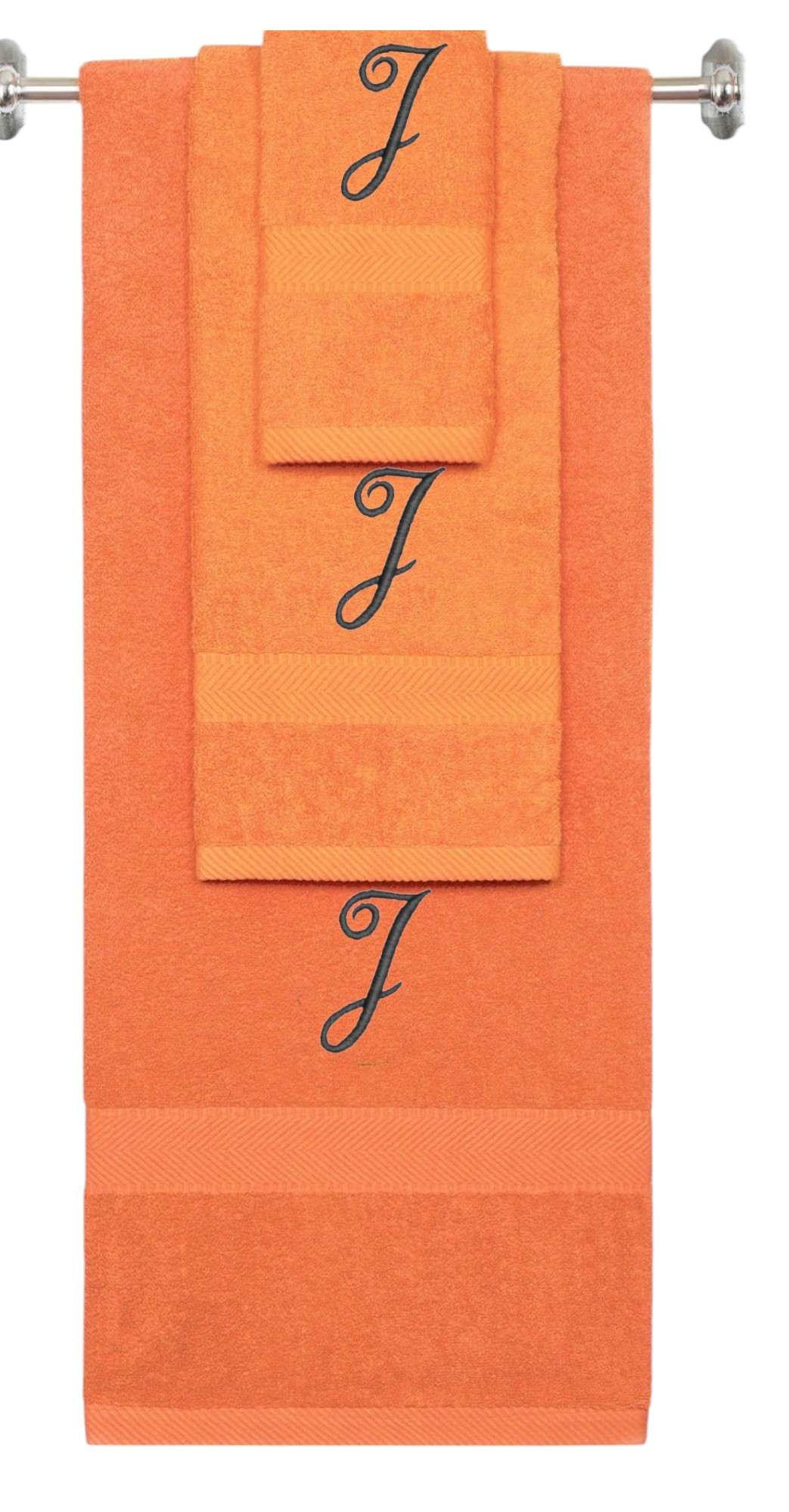 Orange monogrammed towel set with Black thread, Diana Script font, initial J - 540 GSM cotton 3-piece