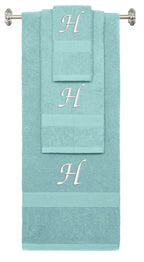 Nautical Teal monogrammed towel set with White thread, Chancery font, initial H - 540 GSM cotton 3-piece