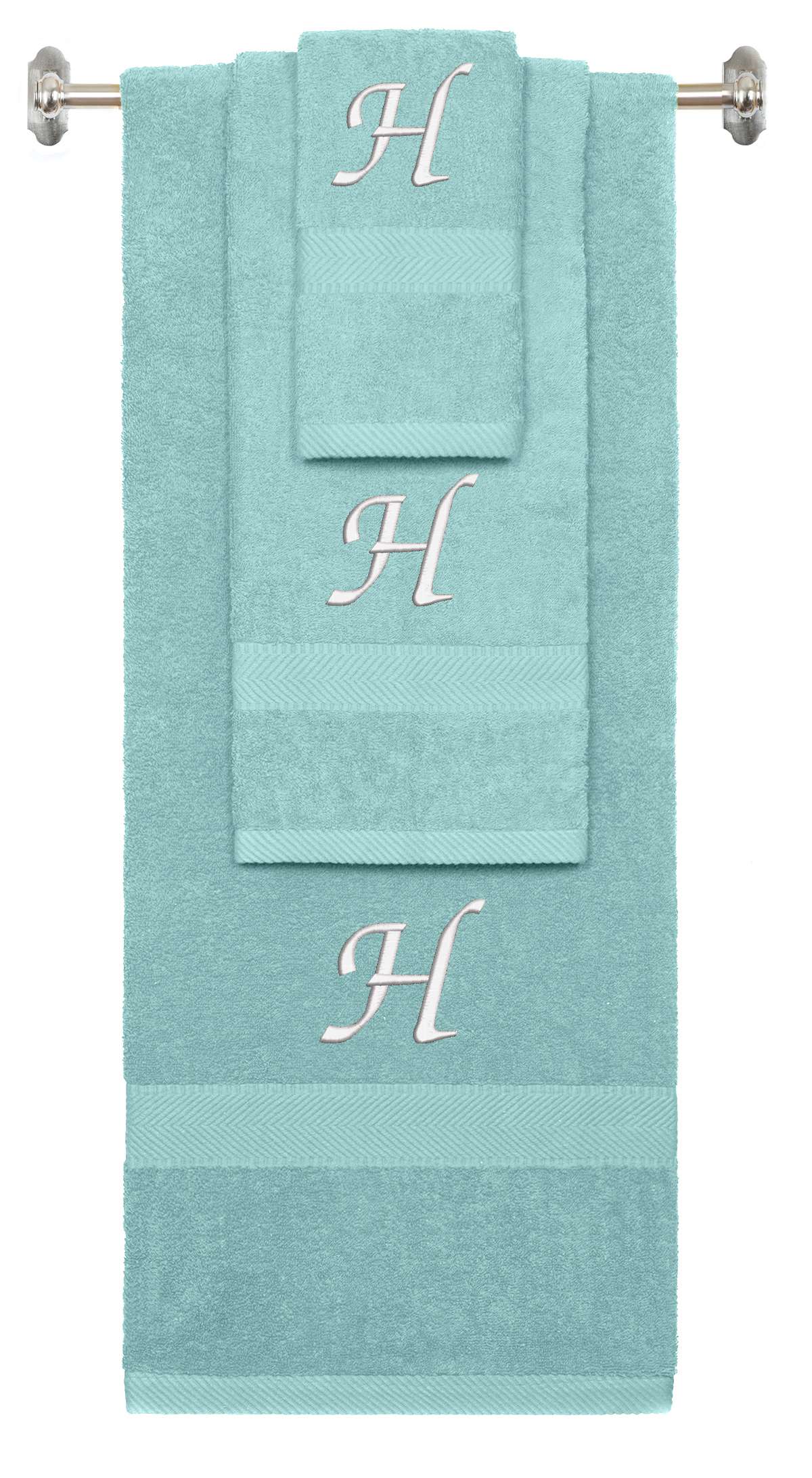 Nautical Teal monogrammed towel set with White thread, Chancery font, initial H - 540 GSM cotton 3-piece