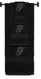 Black monogrammed towel set with Black thread, Diana Script font, initial F - 540 GSM cotton 3-piece