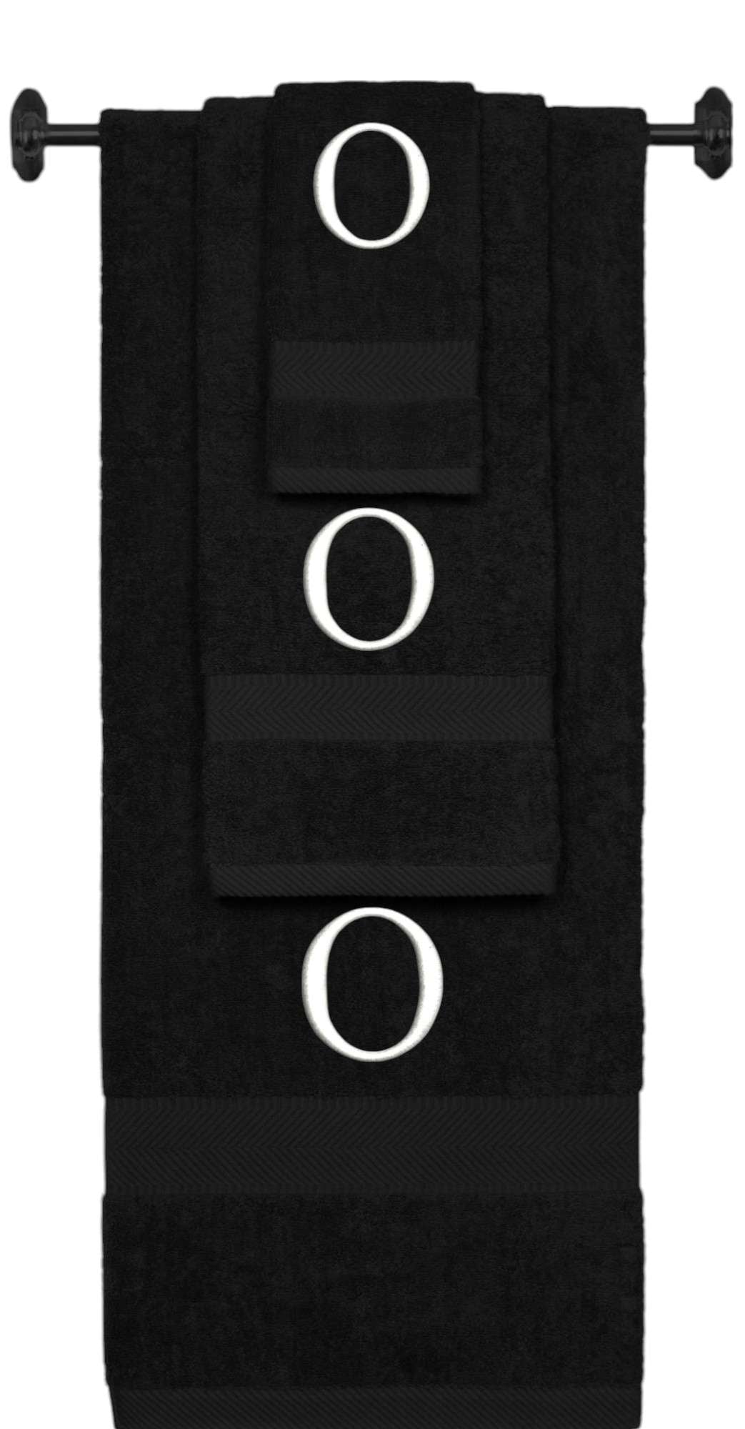 Black monogrammed towel set with White thread, Times New Roman font, initial O - 540 GSM cotton 3-piece
