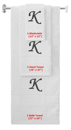 White monogrammed towel set with Black thread, Chancery font, initial K - 540 GSM cotton 3-piece