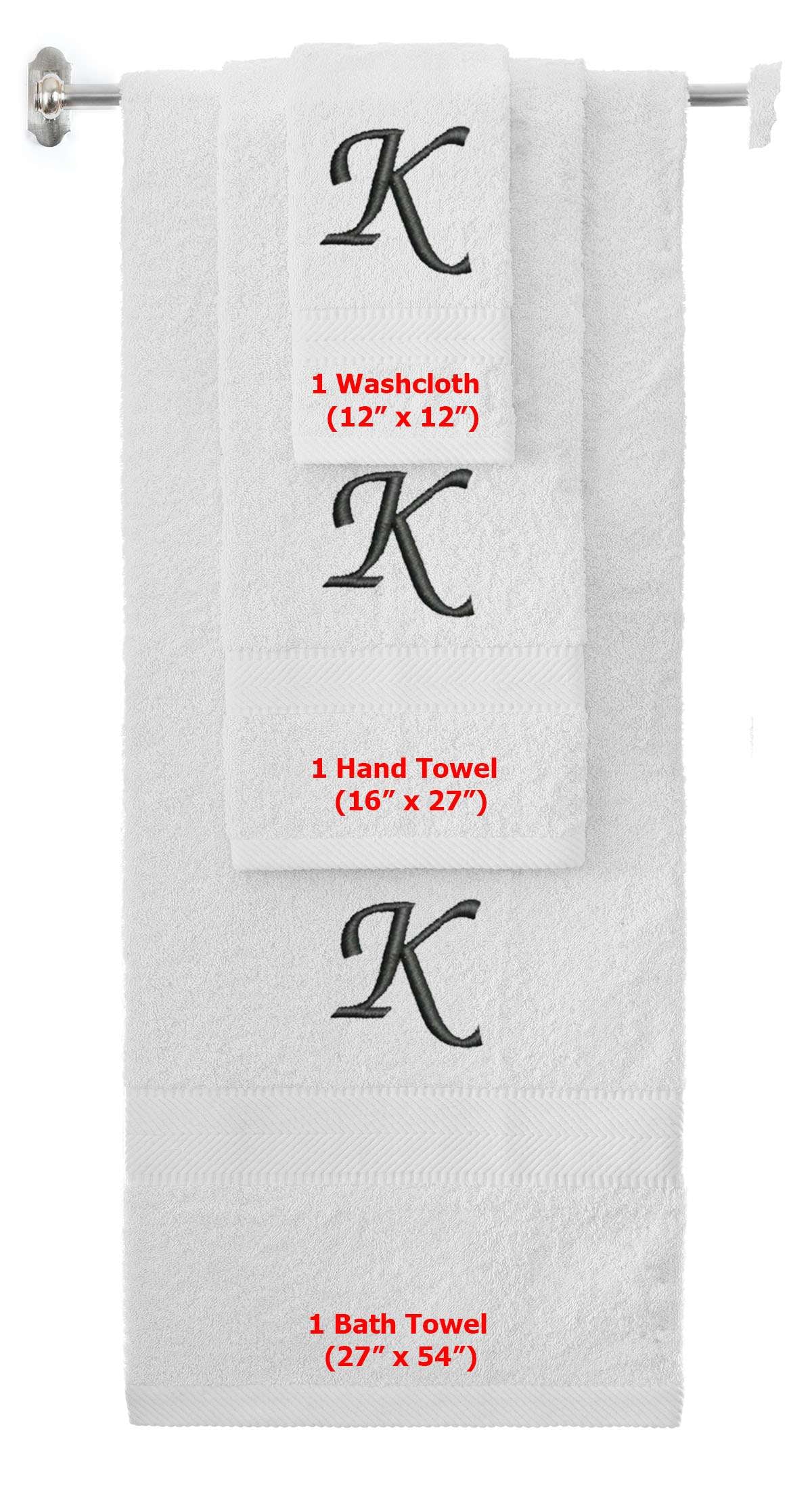 White monogrammed towel set with Black thread, Chancery font, initial K - 540 GSM cotton 3-piece