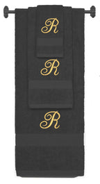 Charcoal monogrammed towel set with Gold thread, Diana Script font, initial R - 540 GSM cotton 3-piece