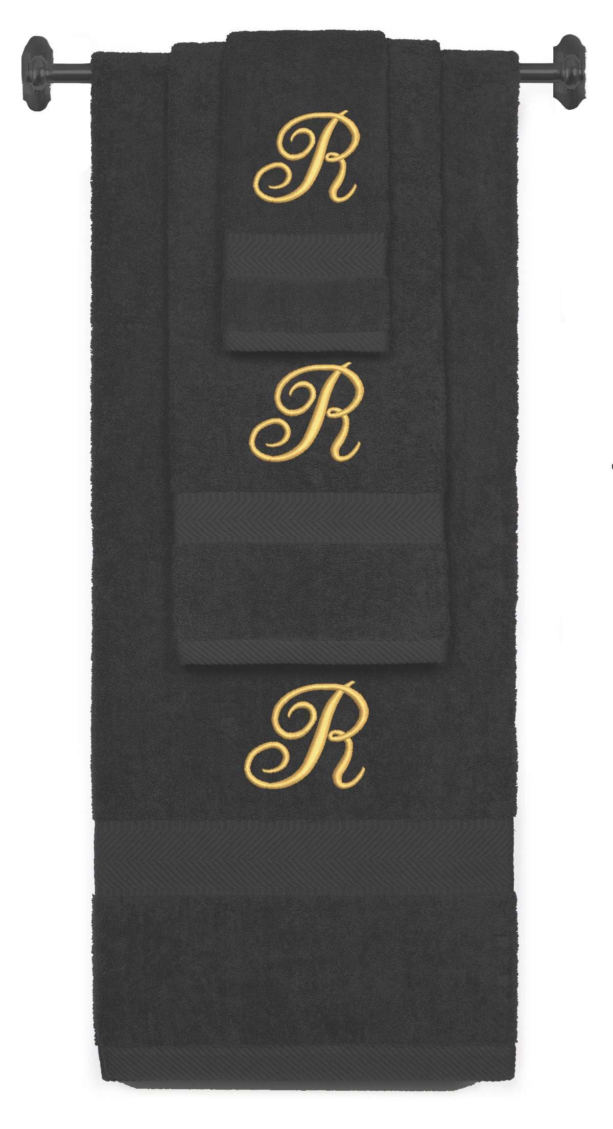 Charcoal monogrammed towel set with Gold thread, Diana Script font, initial R - 540 GSM cotton 3-piece