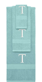 Nautical Teal monogrammed towel set with White thread, Times New Roman font, initial T - 540 GSM cotton 3-piece