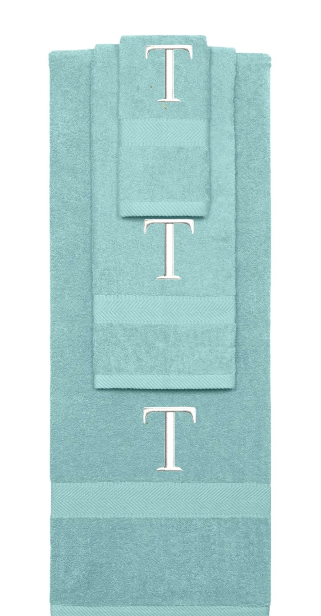 Nautical Teal monogrammed towel set with White thread, Times New Roman font, initial T - 540 GSM cotton 3-piece