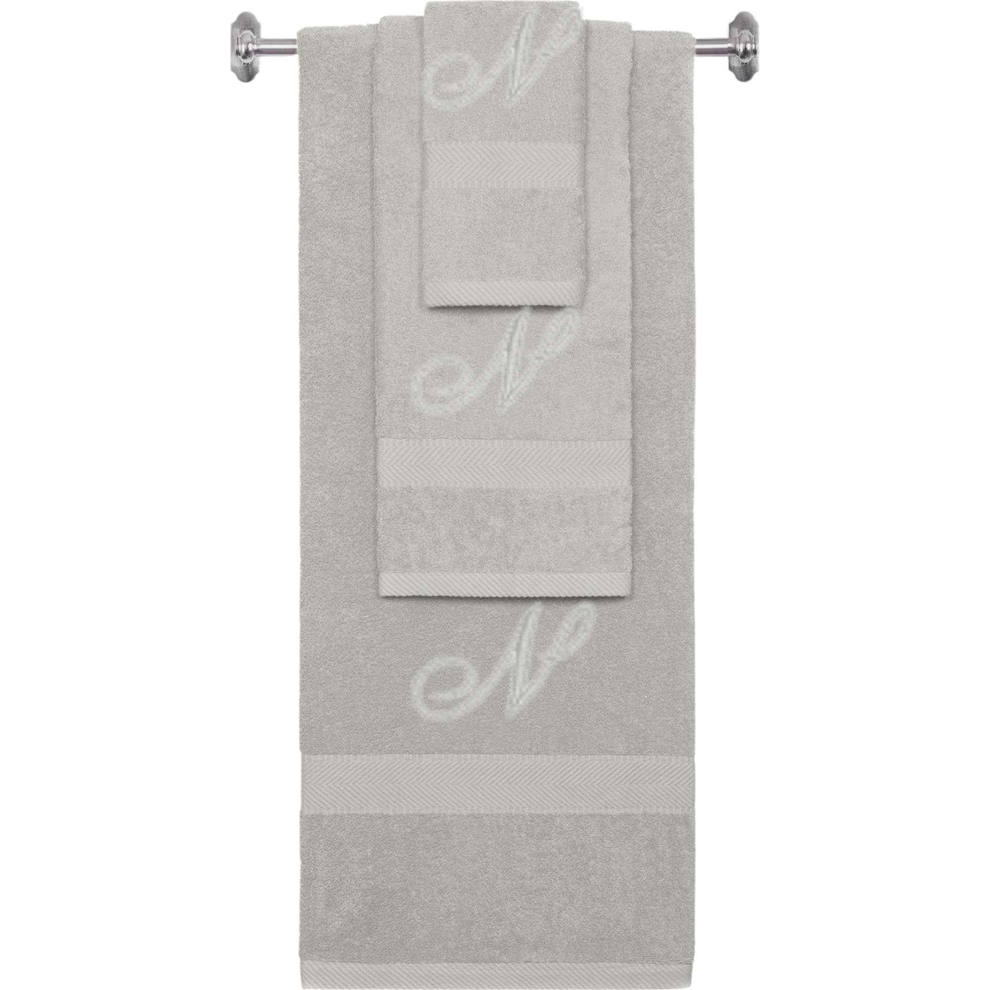 Silver monogrammed towel set with Silver thread, Diana Script font, initial N - 540 GSM cotton 3-piece