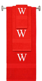 Red monogrammed towel set with White thread, Times New Roman font, initial W - 540 GSM cotton 3-piece