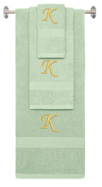 Mint Green monogrammed towel set with Gold thread, Chancery font, initial K - 540 GSM cotton 3-piece