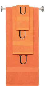 Orange monogrammed towel set with Black thread, Times New Roman font, initial U - 540 GSM cotton 3-piece