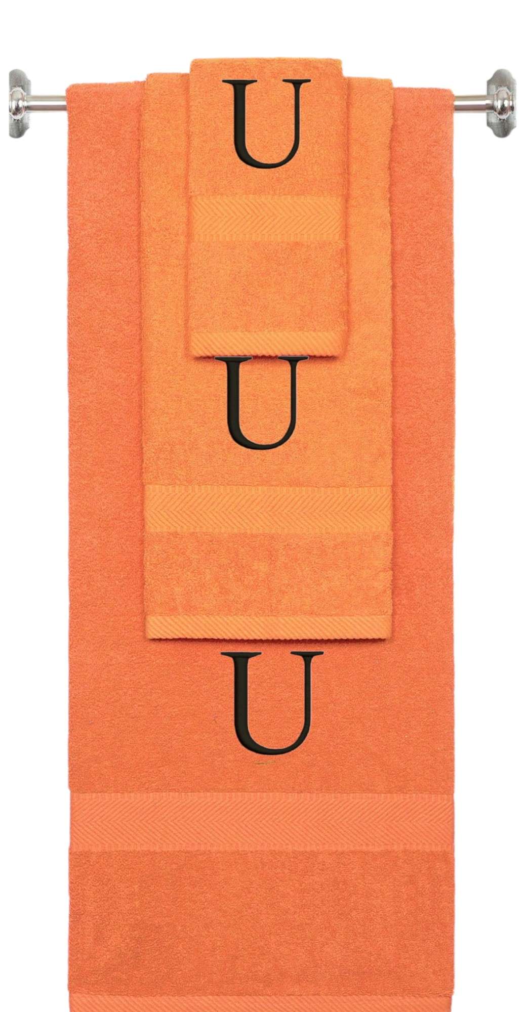 Orange monogrammed towel set with Black thread, Times New Roman font, initial U - 540 GSM cotton 3-piece